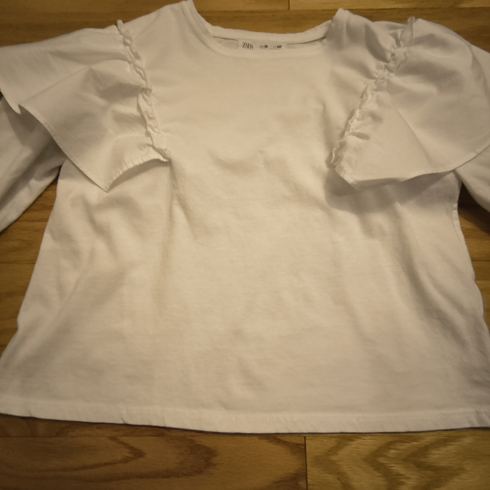 Zara, Classic White Ruffles Long Sleeve Tee, Girls Size 10